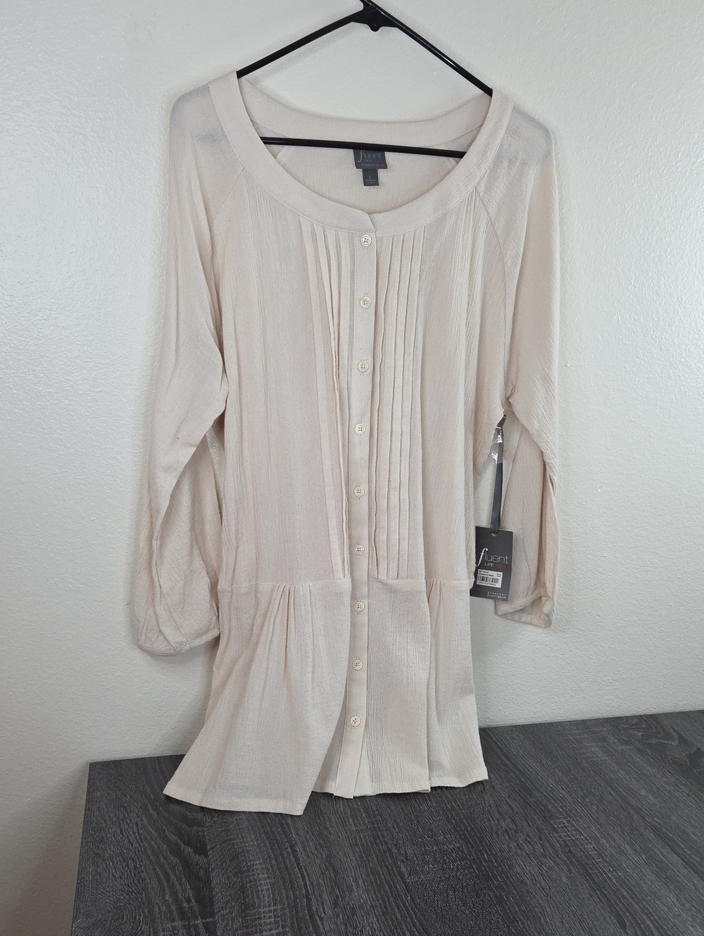 Fluent Life Large Cream Button-Front Pleated Tunic 100% Cotton NWT $40
